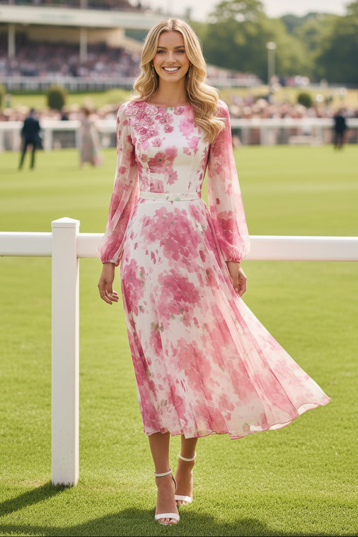 Floral A-Line Midi Dress with 3D Flower Appliques