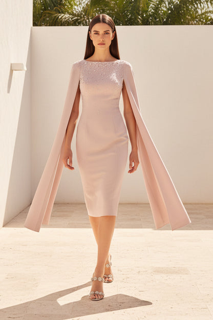 Beaded Midi Sheath Dress with Cape Sleeves