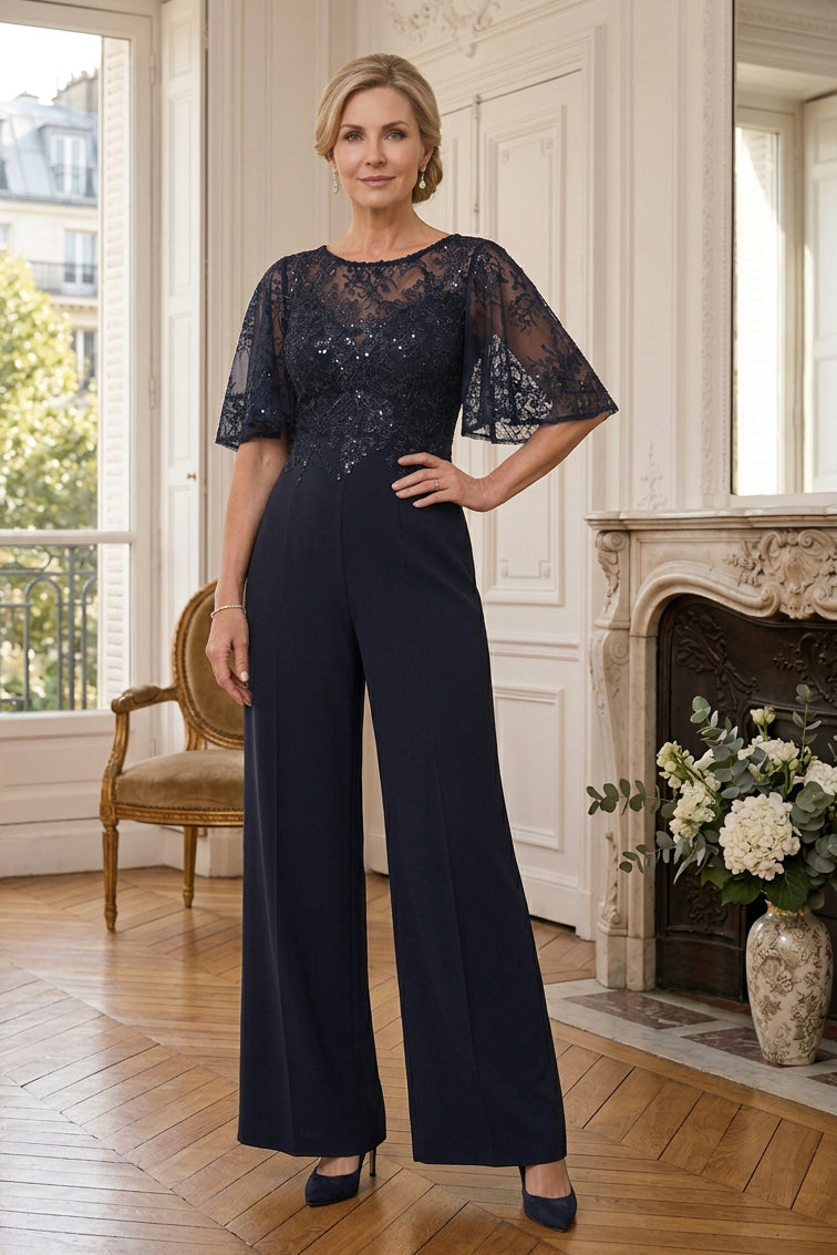 Lace Bodice Wide Leg Jumpsuit with Shoulder Drape