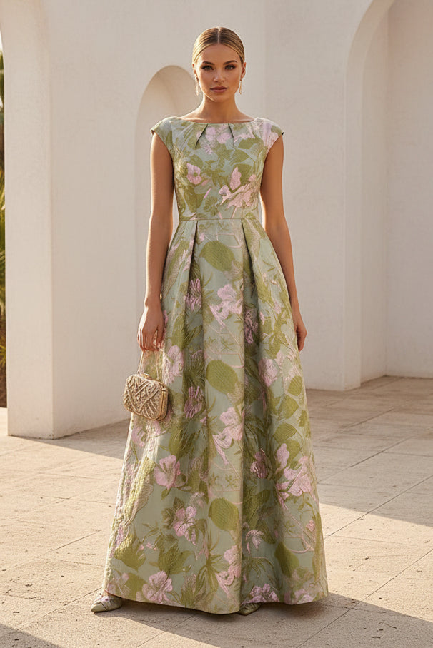 Floral Jacquard A-Line Evening Dress with Cap Sleeves