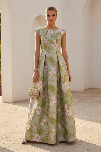 Floral Jacquard A-Line Evening Dress with Cap Sleeves
