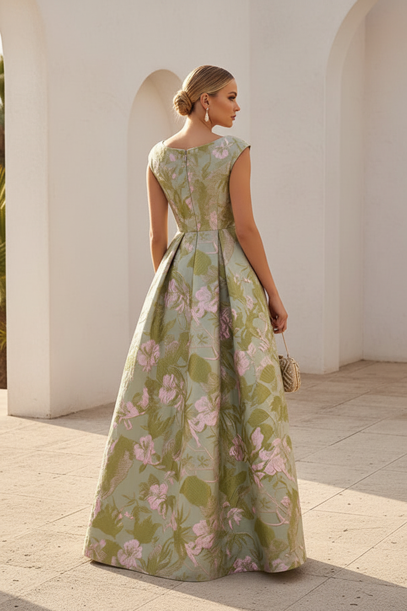 Floral Jacquard A-Line Evening Dress with Cap Sleeves