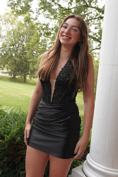 Halter Neck Corset Mini Dress with Ruched Skirt