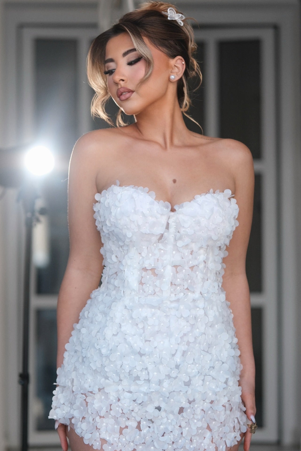 Strapless 3D Flower Corset Mini Dress