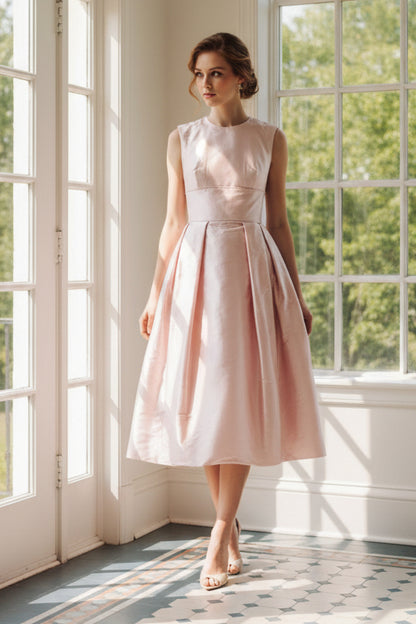 Sleeveless Pleated Taffeta Tea-Length A-Line Dress