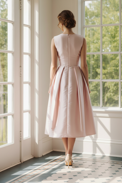 Sleeveless Pleated Taffeta Tea-Length A-Line Dress
