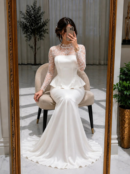Illusion Lace Long Sleeve Peplum Mermaid Gown