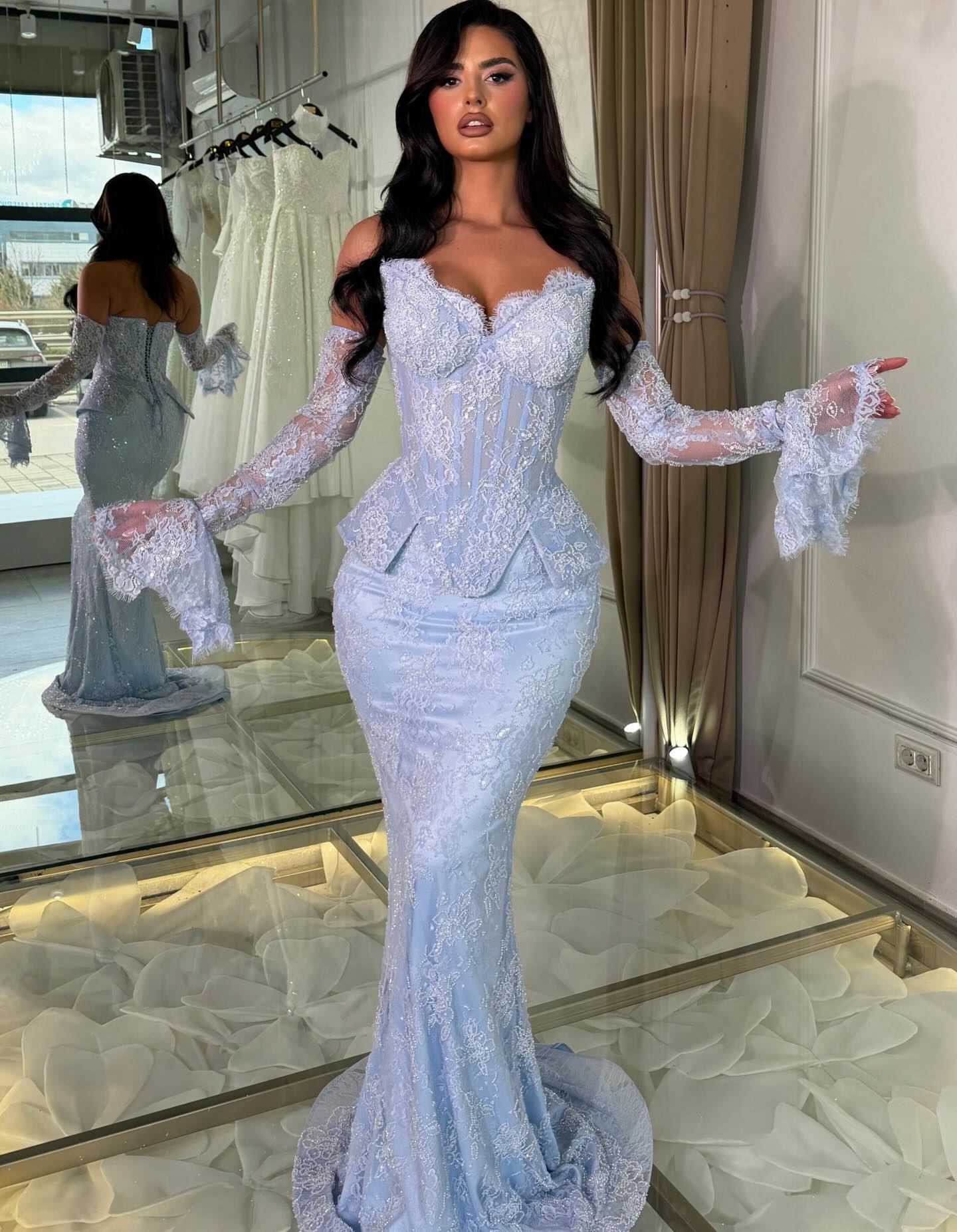 Off-Shoulder Corset Lace Mermaid Gown with Bell Sleeves