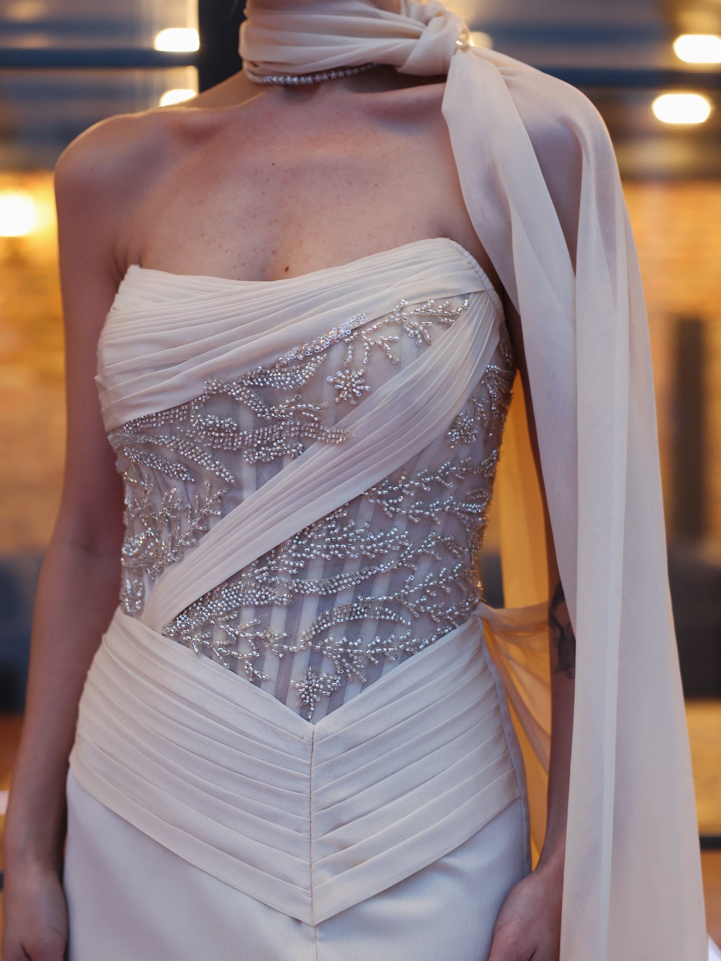 Strapless Beaded Corset Evening Gown with Cape