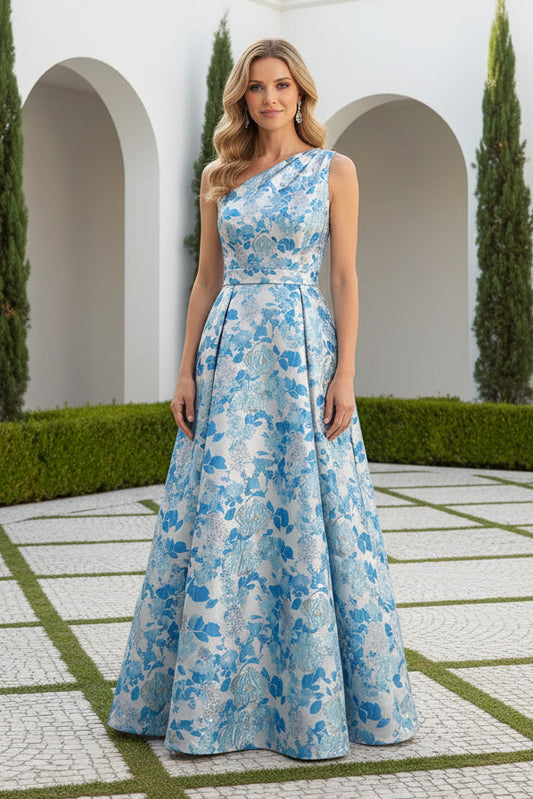 One Shoulder Floral Jacquard A-Line Evening Gown