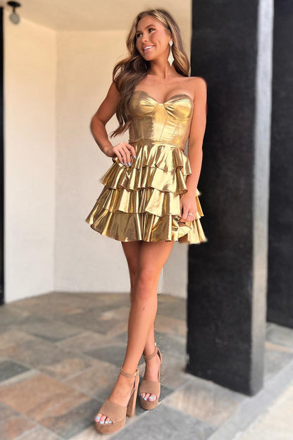 Strapless Tiered Ruffle Metallic Mini Dress