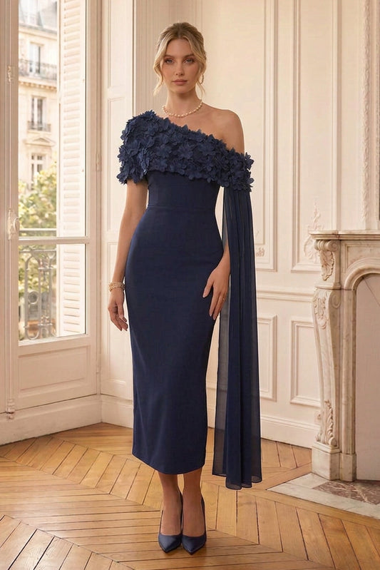 One-Shoulder Floral Appliqué Midi Dress
