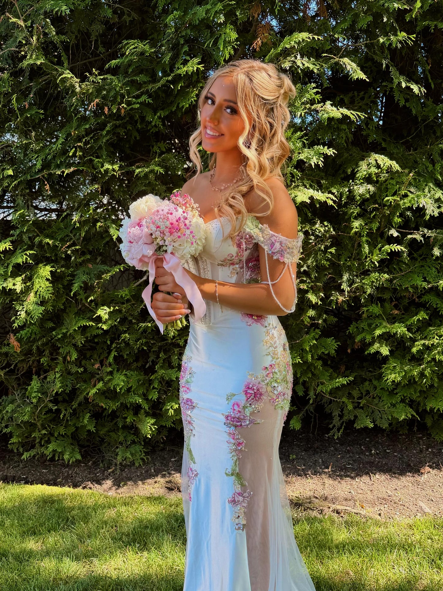 Off-the-Shoulder Floral Applique Mermaid Gown
