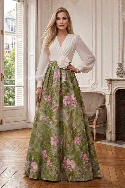 V-Neck Long Sleeve Gown with Jacquard Maxi Skirt
