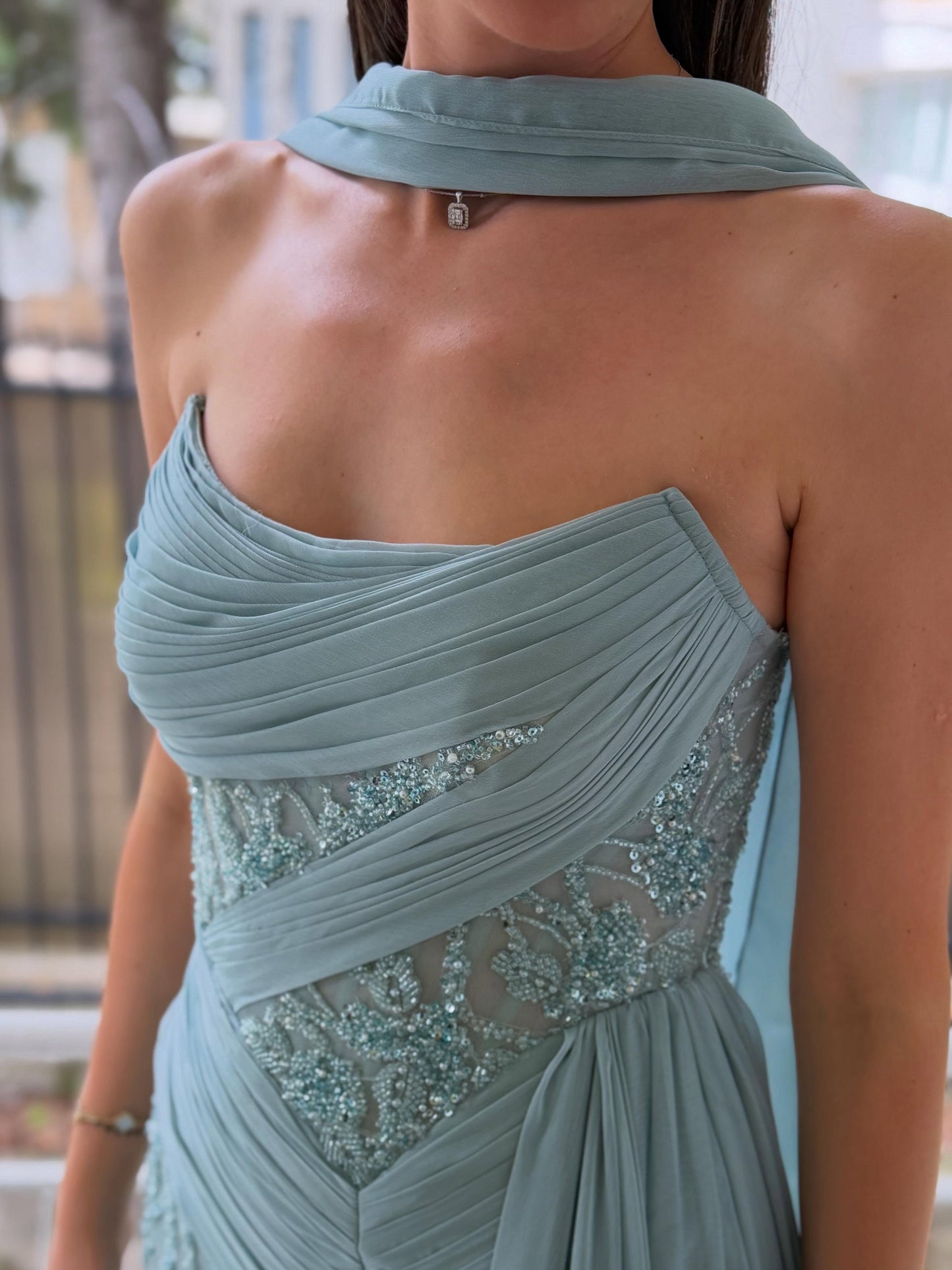 Strapless Pleated Corset Evening Gown with Side Draping