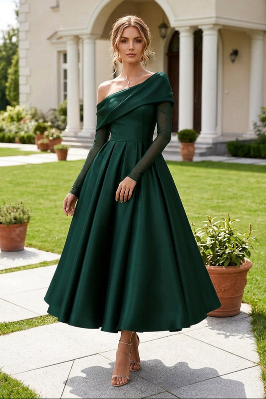 One-Shoulder Pleated A-Line Tea-Length Dress