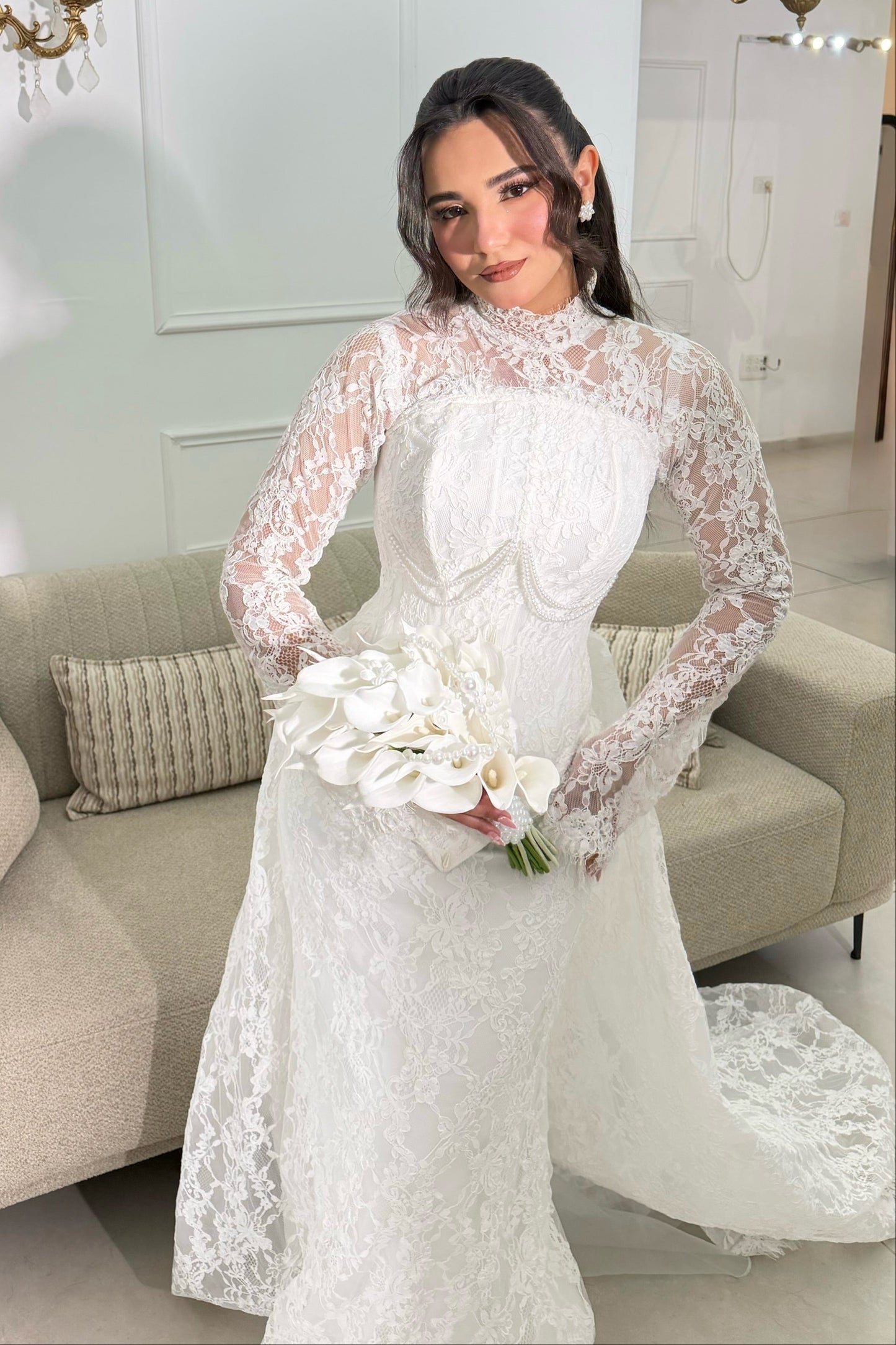 High Neck Lace Mermaid Wedding Dress with Train