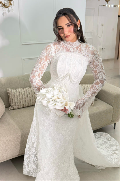 High Neck Lace Mermaid Wedding Dress with Train