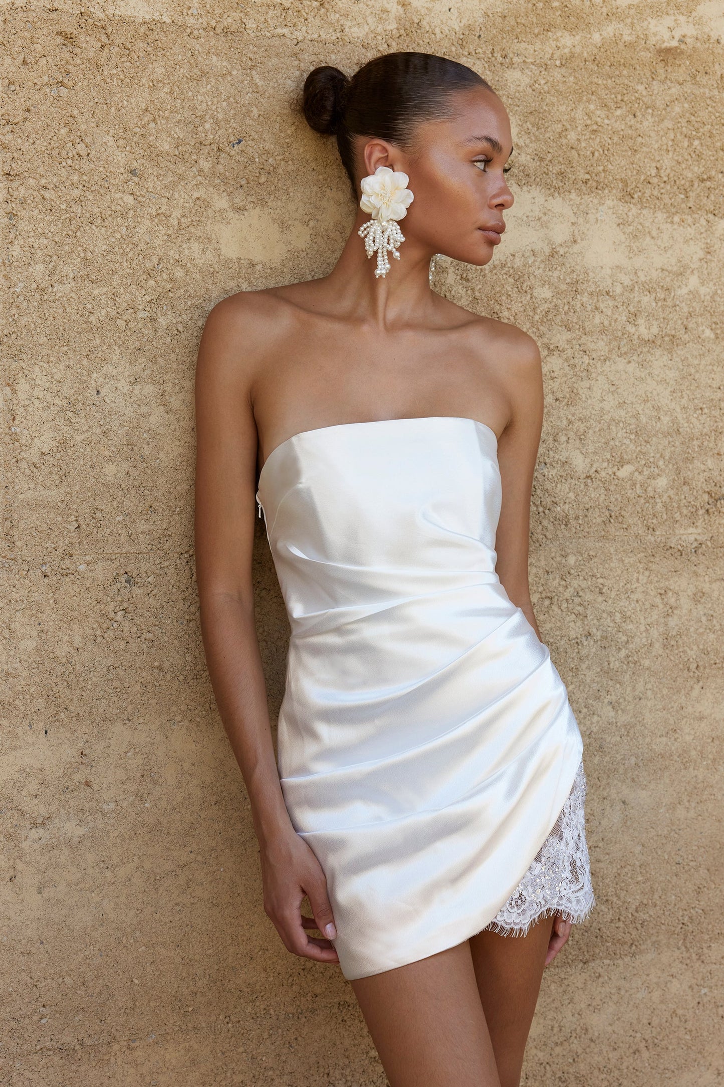 Asymmetrical Strapless Satin and Lace Bridal Mini Dress