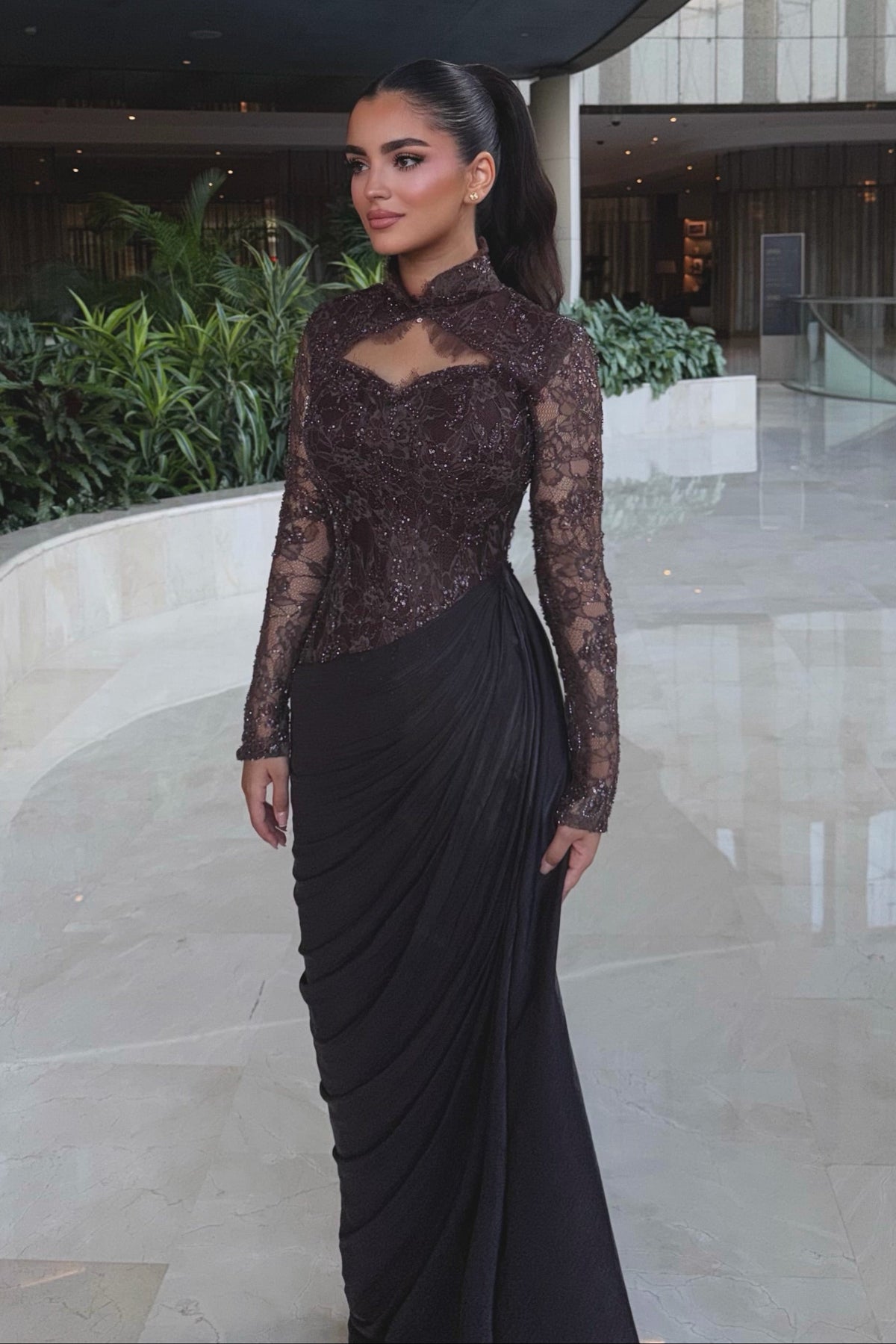 Lace Bodice Keyhole Evening Gown with Draped Skirt