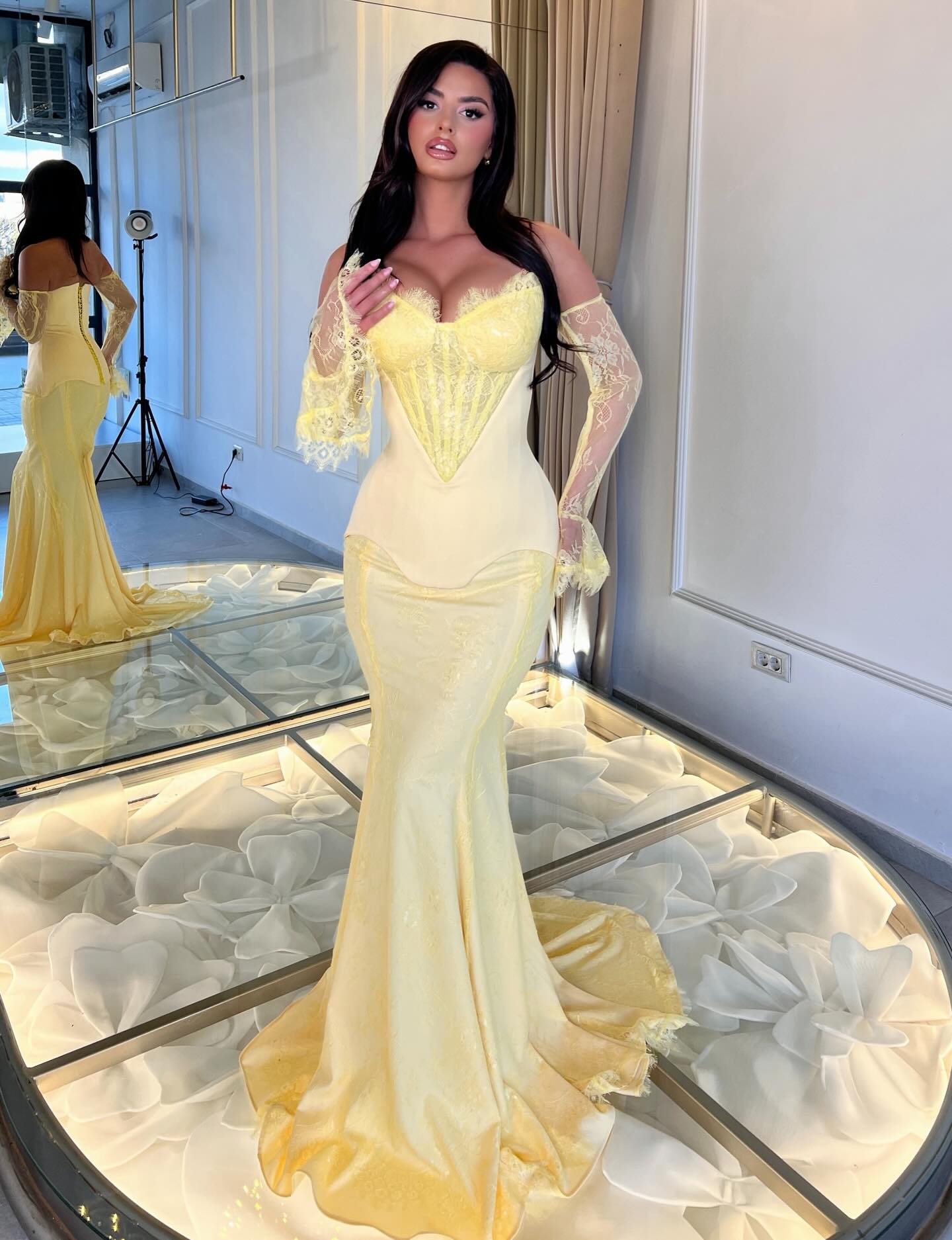 Corset Mermaid Evening Gown with Lace Sleeves