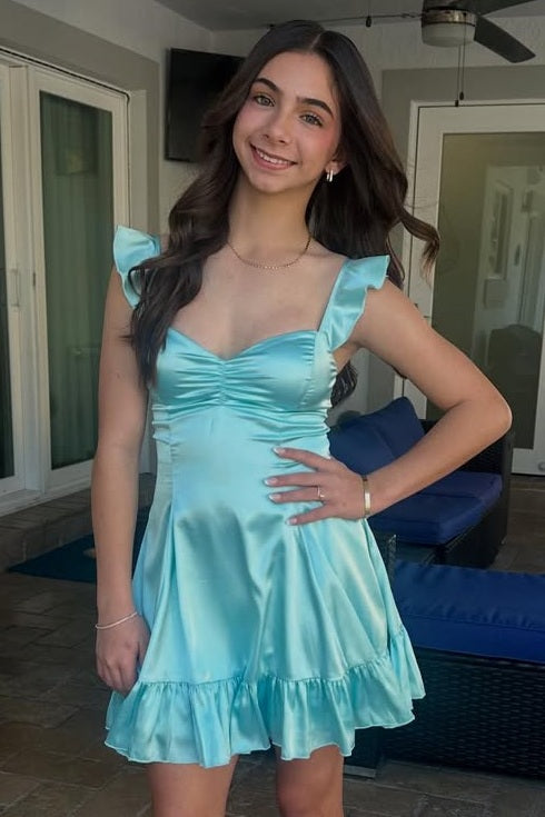Ruffled Satin Sweetheart A-Line Mini Dress