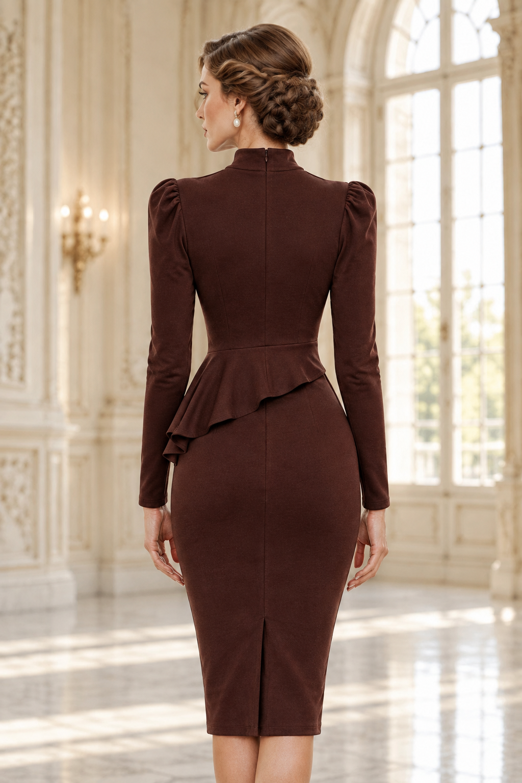 High Neck 3D Rosette Peplum Midi Sheath Dress