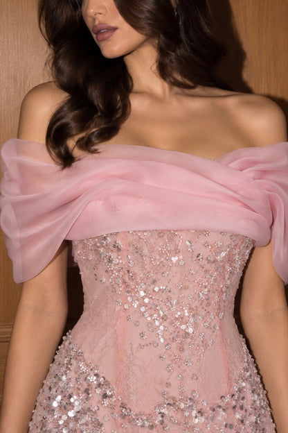 Off-the-Shoulder Beaded Column Gown