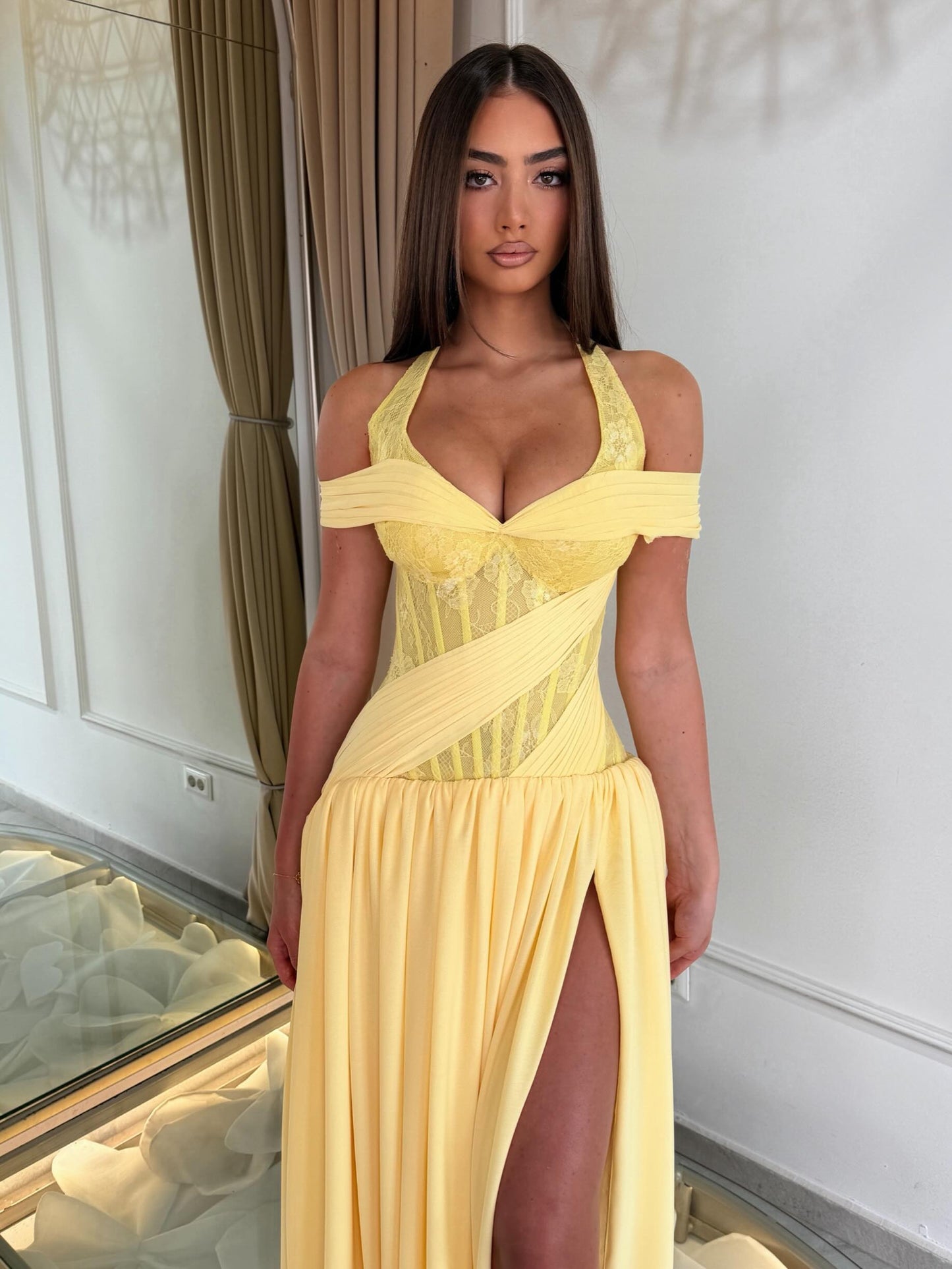 Pleated Corset Halter Evening Gown with Slit