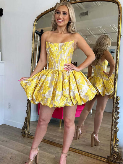 Strapless Corset Jacquard Bubble Skirt Mini Dress