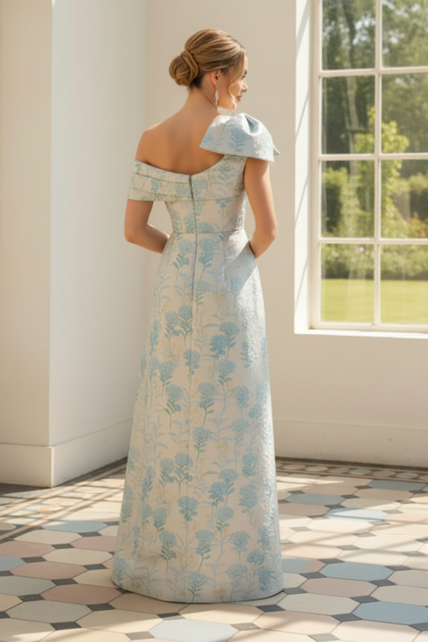Floral Jacquard One Shoulder Gown with Bow Detail