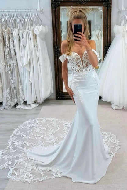 Off-the-Shoulder Mermaid Wedding Dress with Lace Train