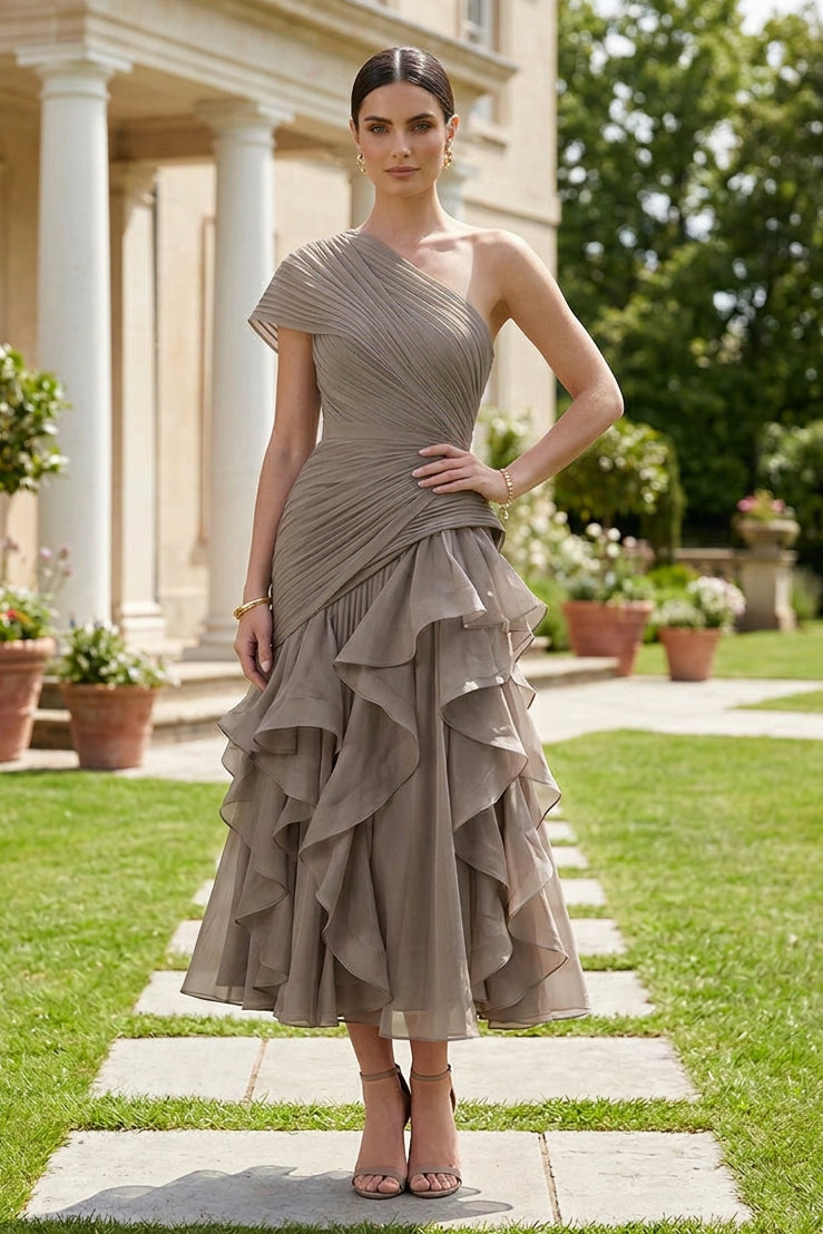 One-Shoulder Pleated Ruffle Midi Dress