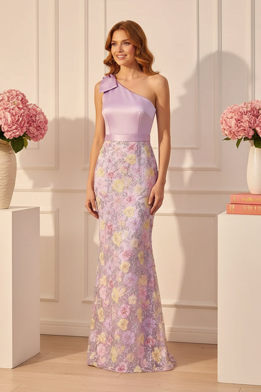 One-Shoulder Floral Embroidered Maxi Gown