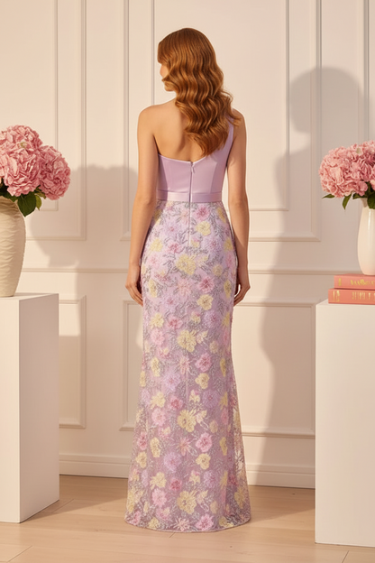One-Shoulder Floral Embroidered Maxi Gown
