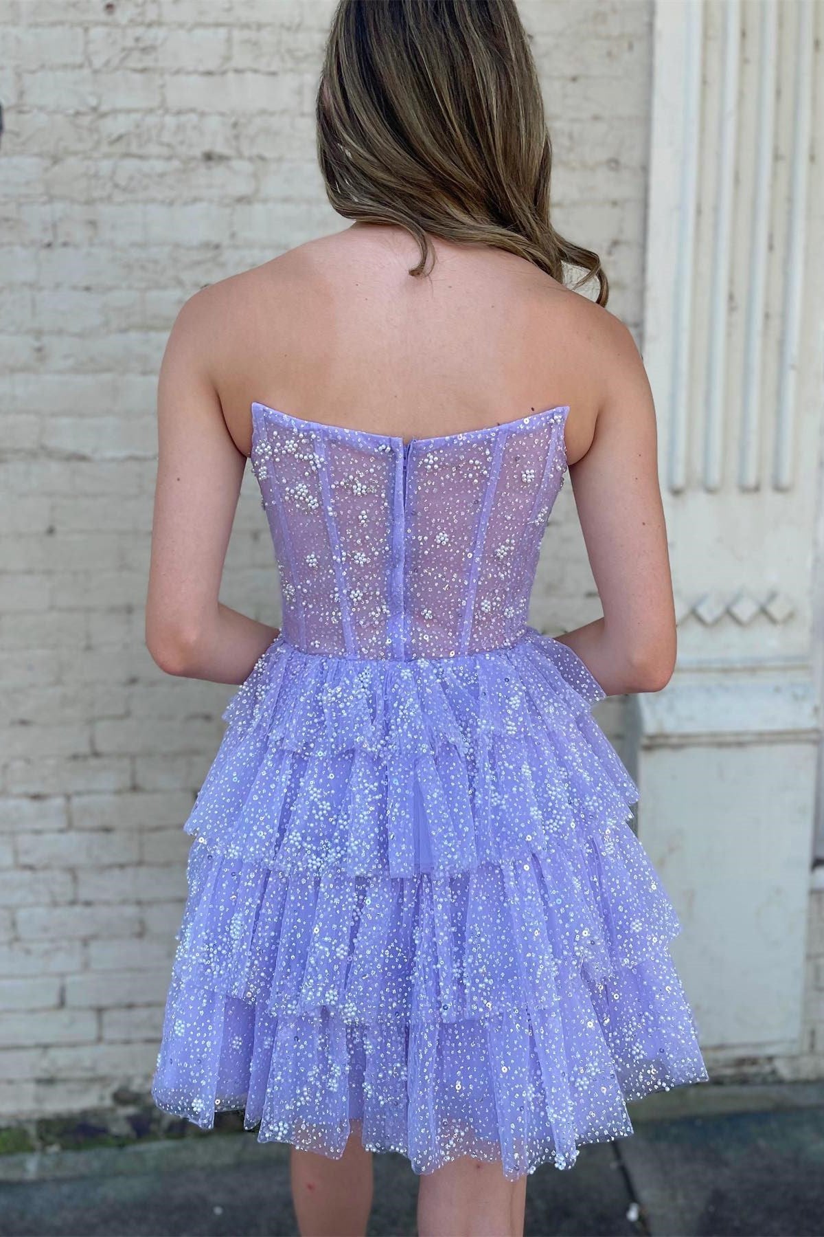 Strapless Pearl Beaded Corset Tiered Short Dress