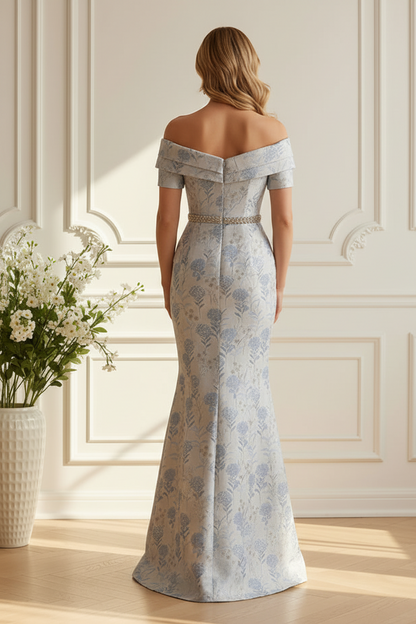 Off-the-Shoulder Peplum Jacquard Mermaid Gown