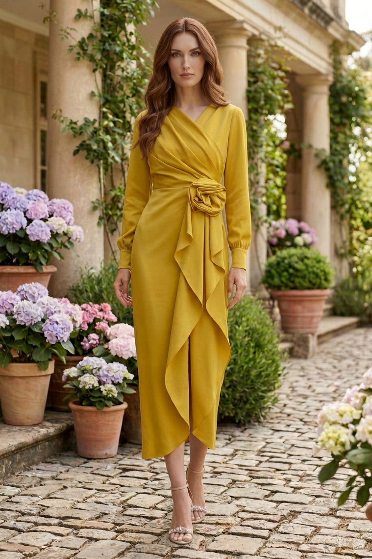 Rosette Draped Long Sleeve Maxi Dress