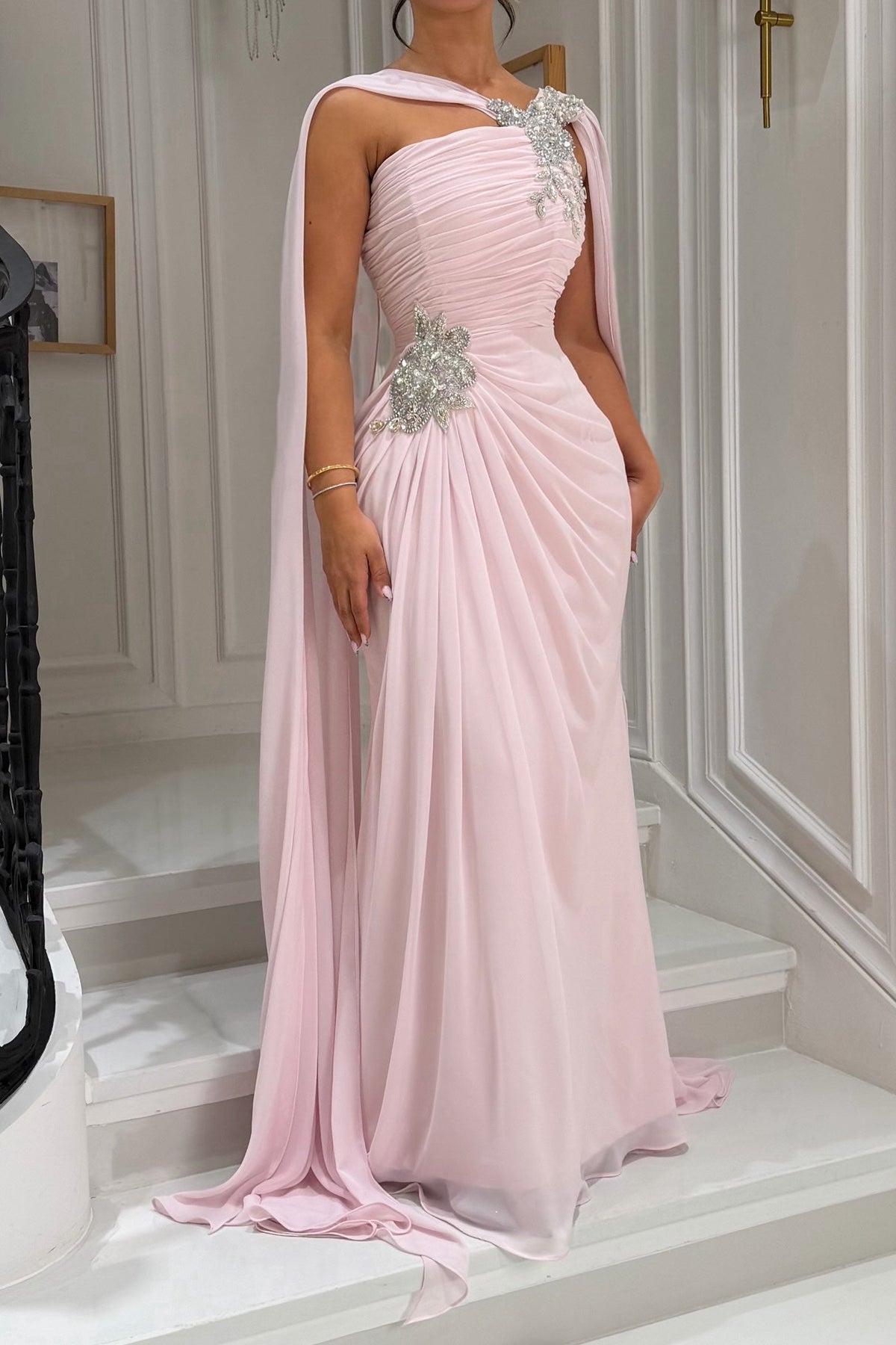 Ruched Evening Gown with Cape and Embellishments
