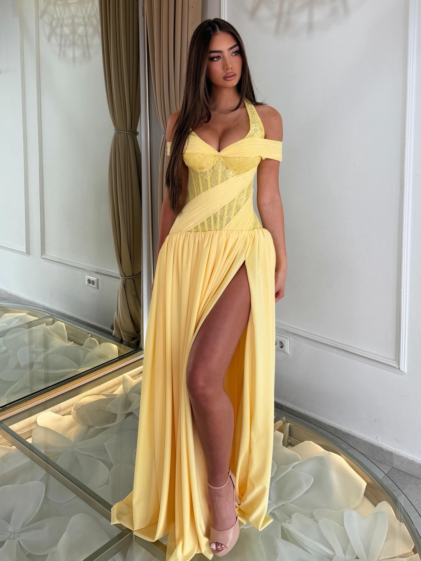 Pleated Corset Halter Evening Gown with Slit