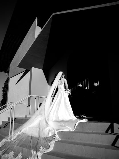 Long Sleeve Lace and Satin A-Line Bridal Gown