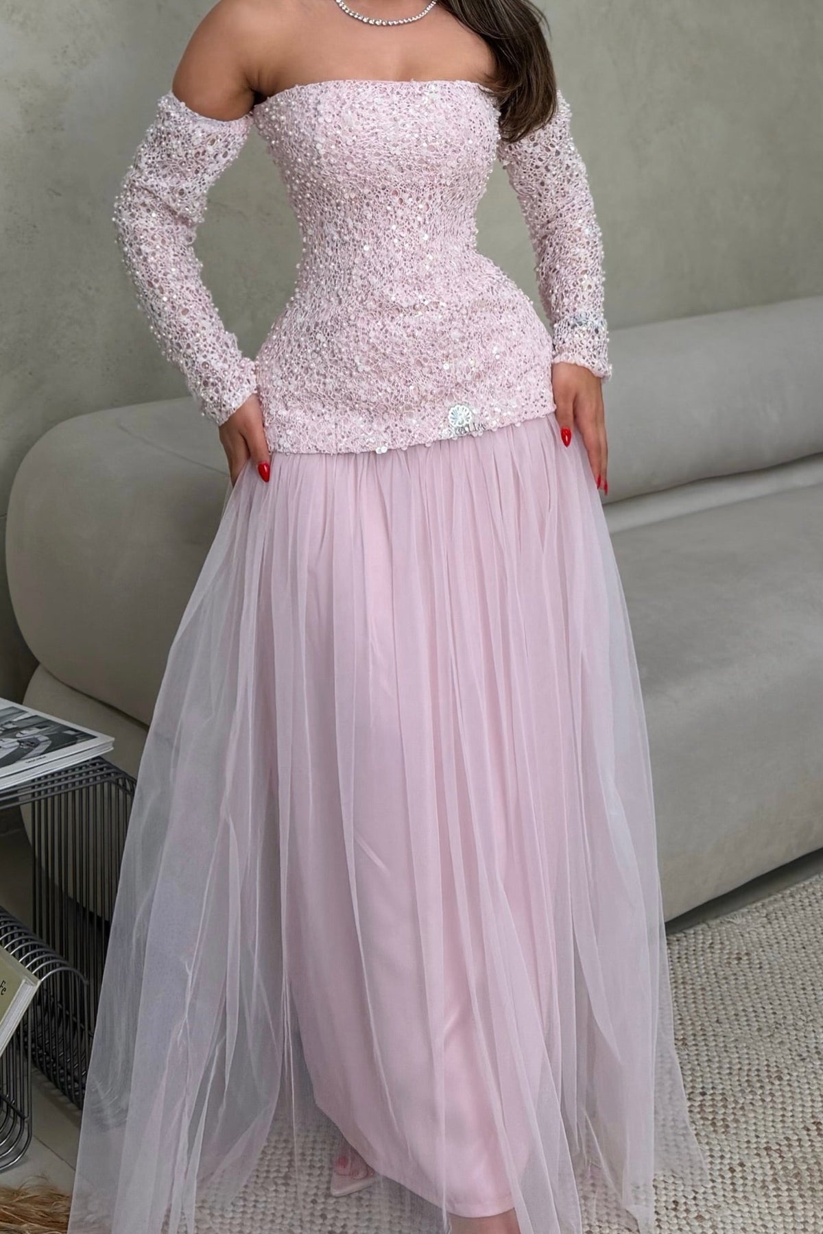 Sequin Lace-Up Corset Tulle Maxi Dress