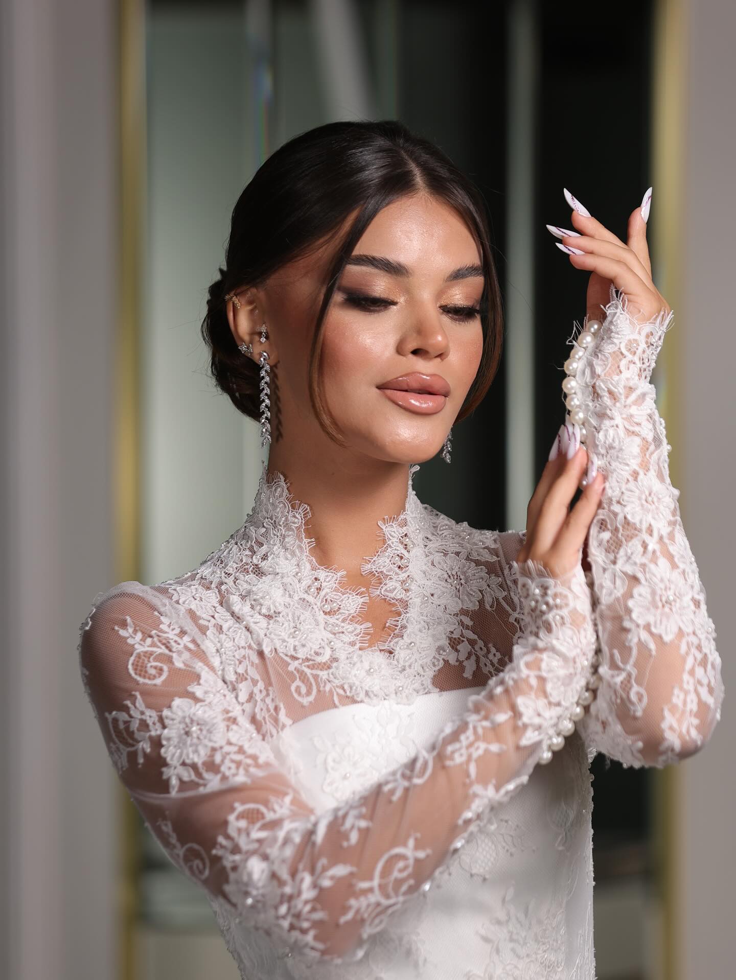 High-Neck Lace A-Line Wedding Dress with Long Sleeves