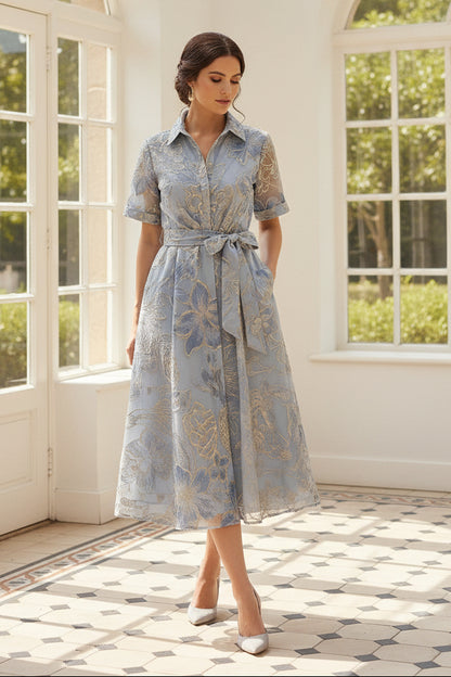 Floral Jacquard Shirt Midi Dress with Sash