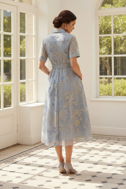 Floral Jacquard Shirt Midi Dress with Sash