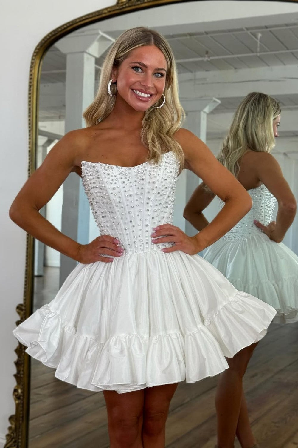 Pearl-Embellished Strapless Corset Mini Dress