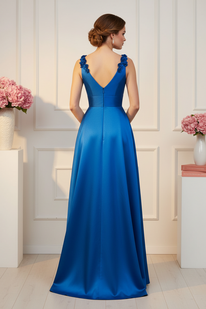 V-Neck A-Line Gown with 3D Floral Straps