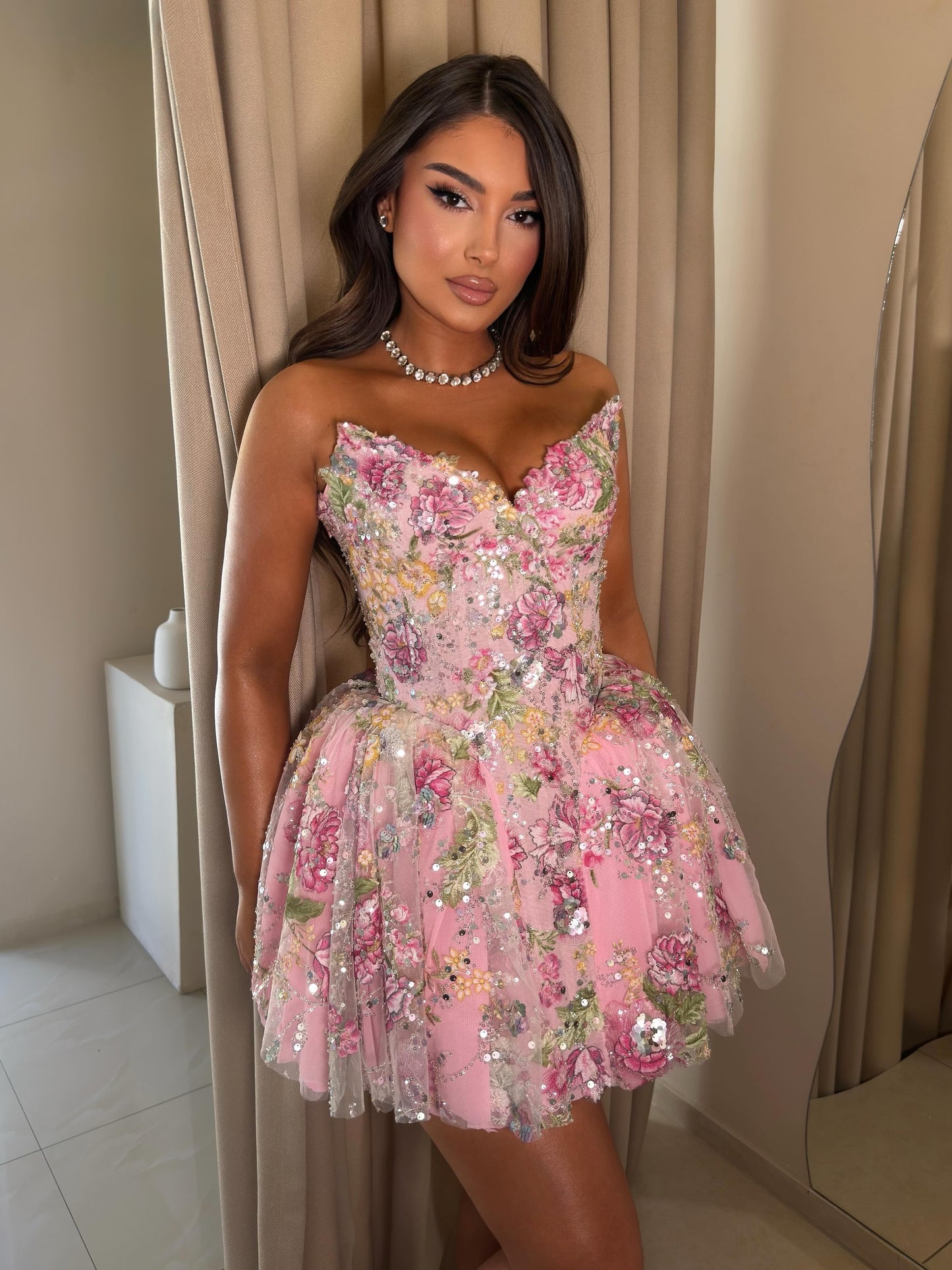 Strapless Floral Applique Corset Mini Dress