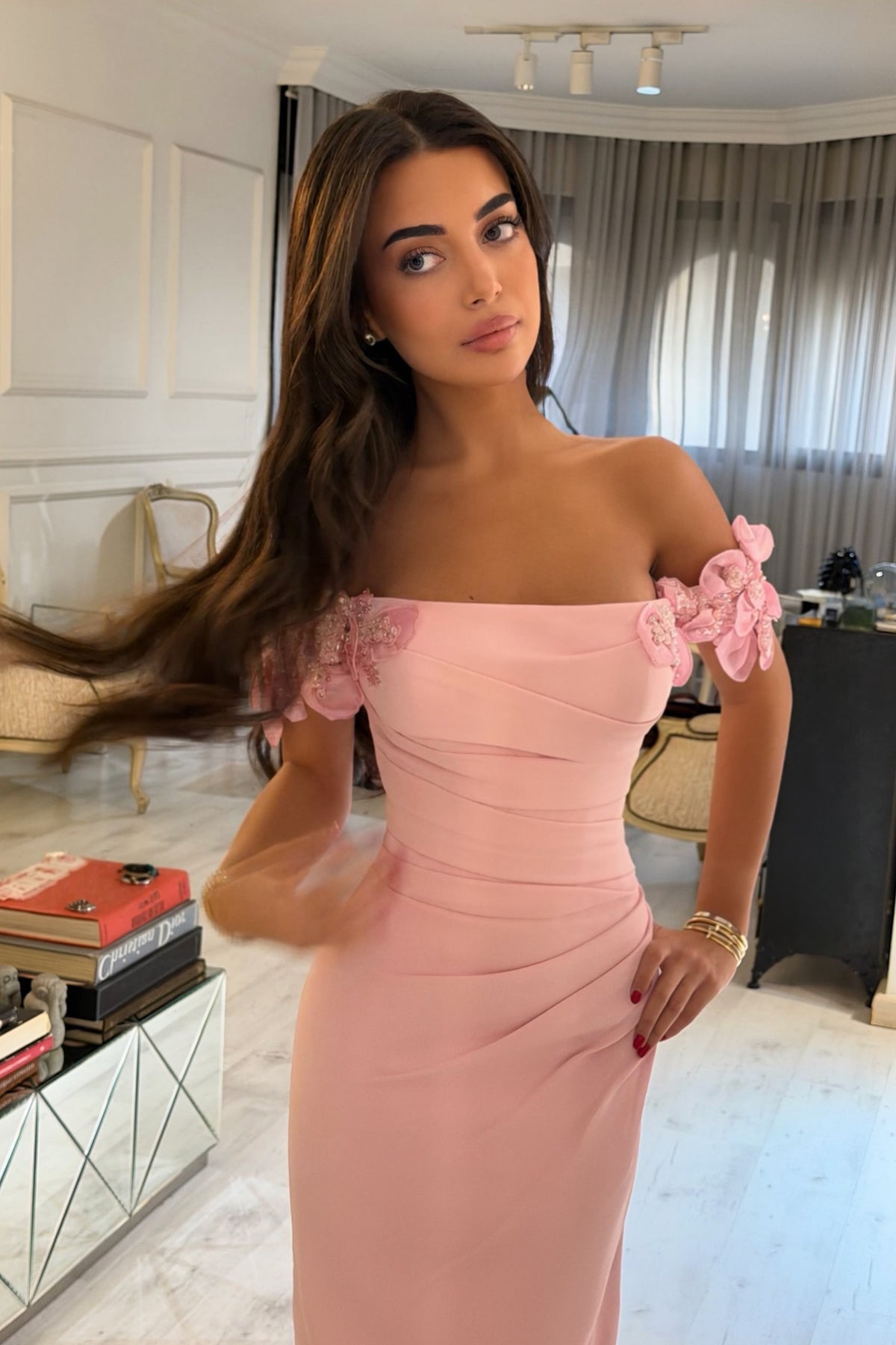 Off-the-Shoulder Floral Applique Ruched Dress