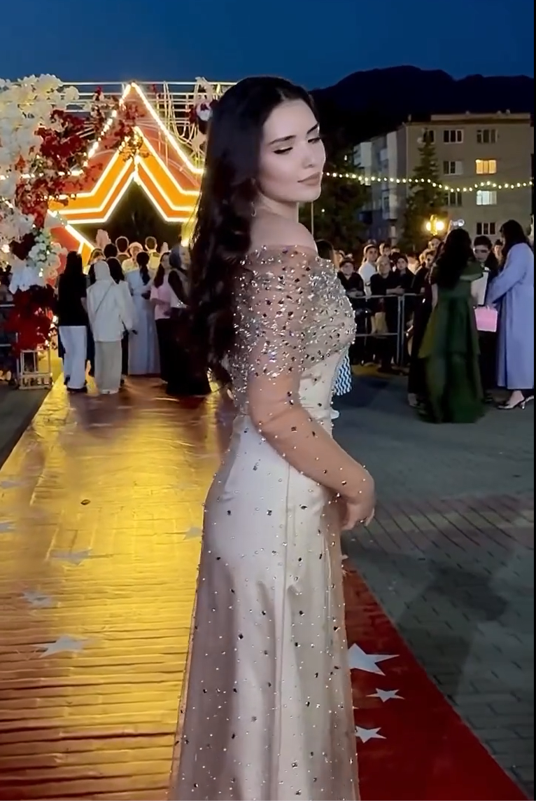 Off-the-Shoulder Beaded Satin Evening Gown